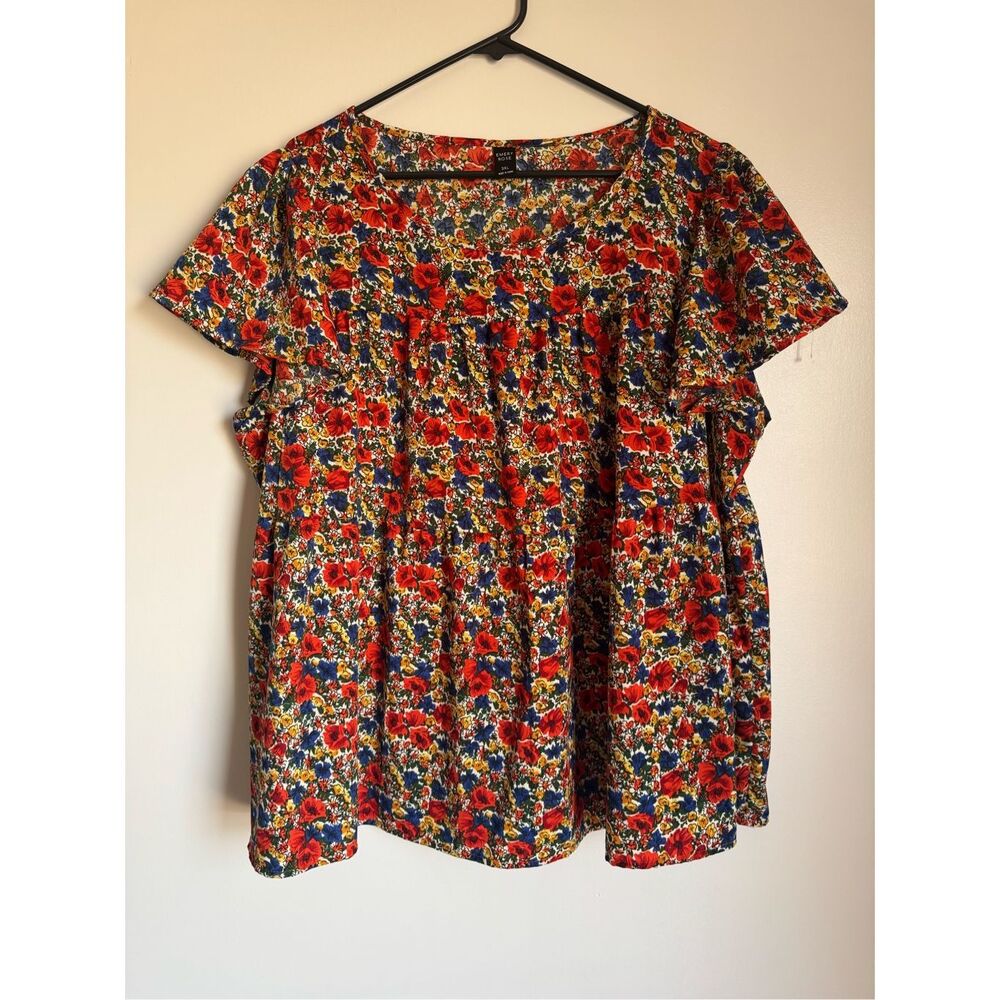 Emery Rose Women's Red All-Over Floral Print Flowy Ruffle Blouse sz 3XL Whimsica - Picture 2 of 4